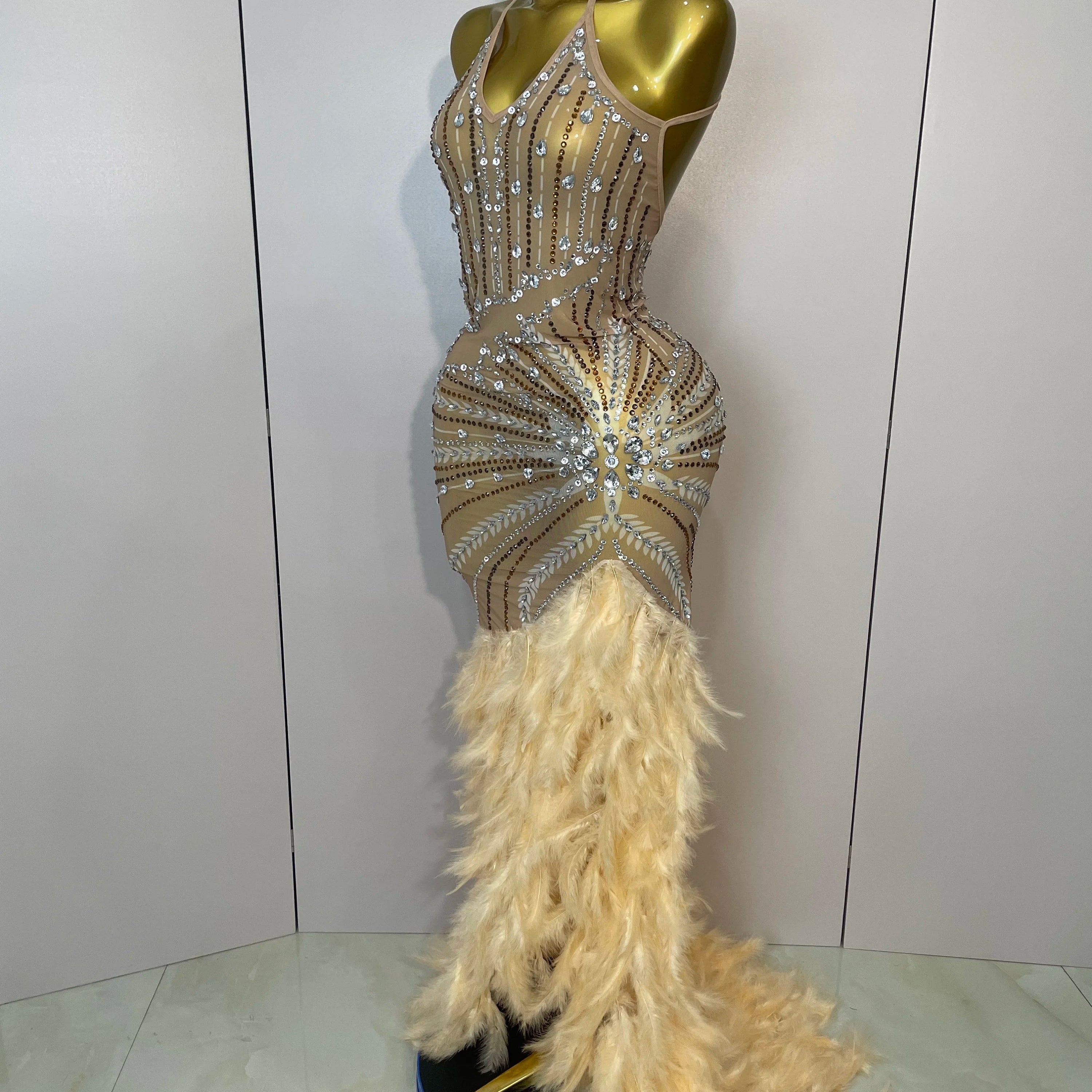 Sparkly Sexy Crystal  Floor-Length Feathers Maxi Dress 2025 Elegant  Evening Party Birthday Performance Prom Dance Stage Costume