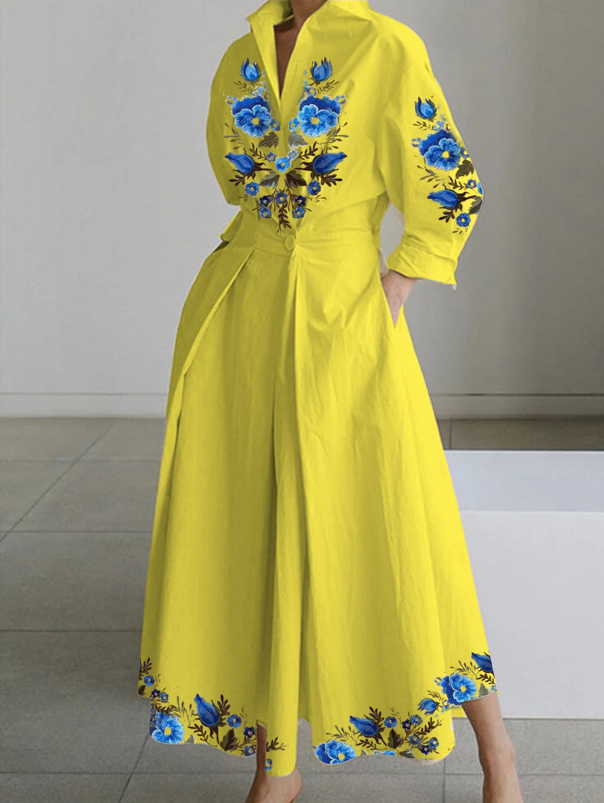 Plus Size Dress for Women Summer Elegant Lapel Oil Painting Button Shirt Dress Vestidos Casual 3/4 Sleeve Dress Party Vestido Yellow