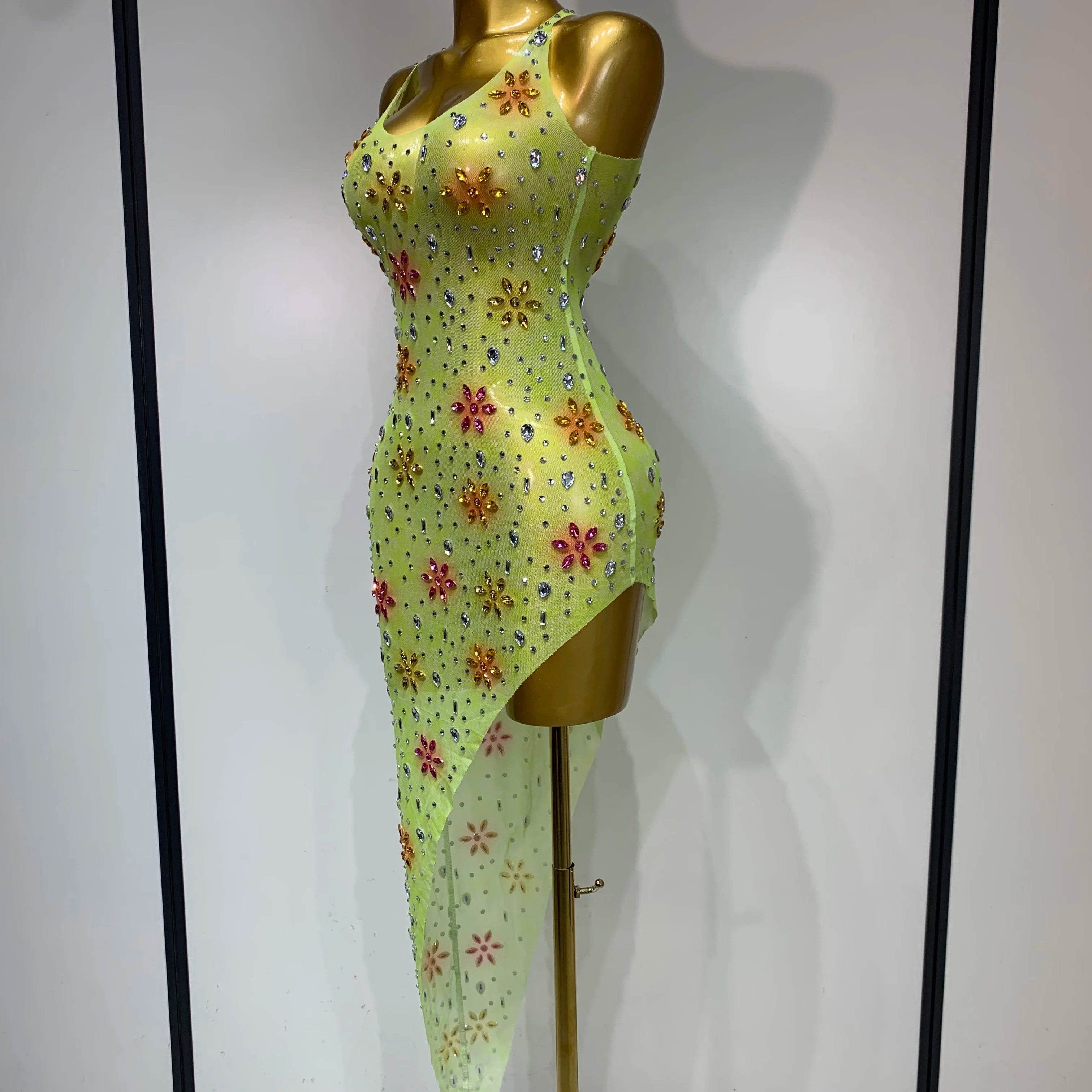 Women Sexy Mesh See Through Stretch Sparkly Rhinestone Performance Costume Stage Dancer Nightclub Party Luxury Birthday Dress