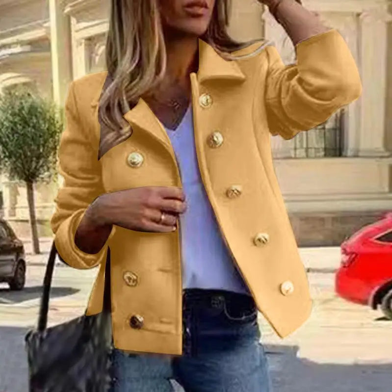 Warm Long Sleeve Outwears Women Tweed Coat Winer England Style Thin Trench Coat Casual Buttons Commuting Jackets Yellow