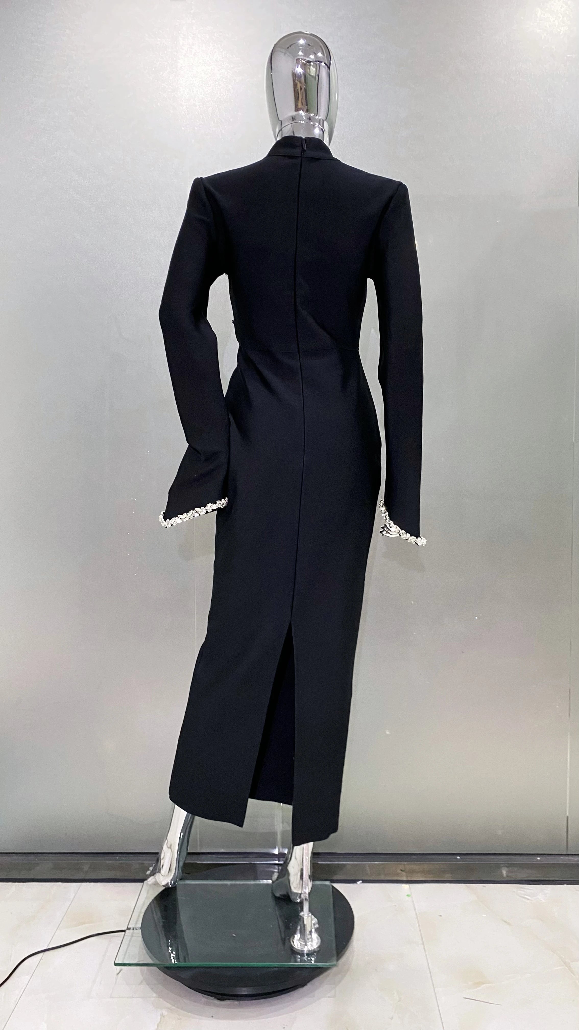 High Quality Shining Diamonds Half High Collar Black Long Bandage Dress Elegant Woman Evening Party Dress Cocktail Party Outfit