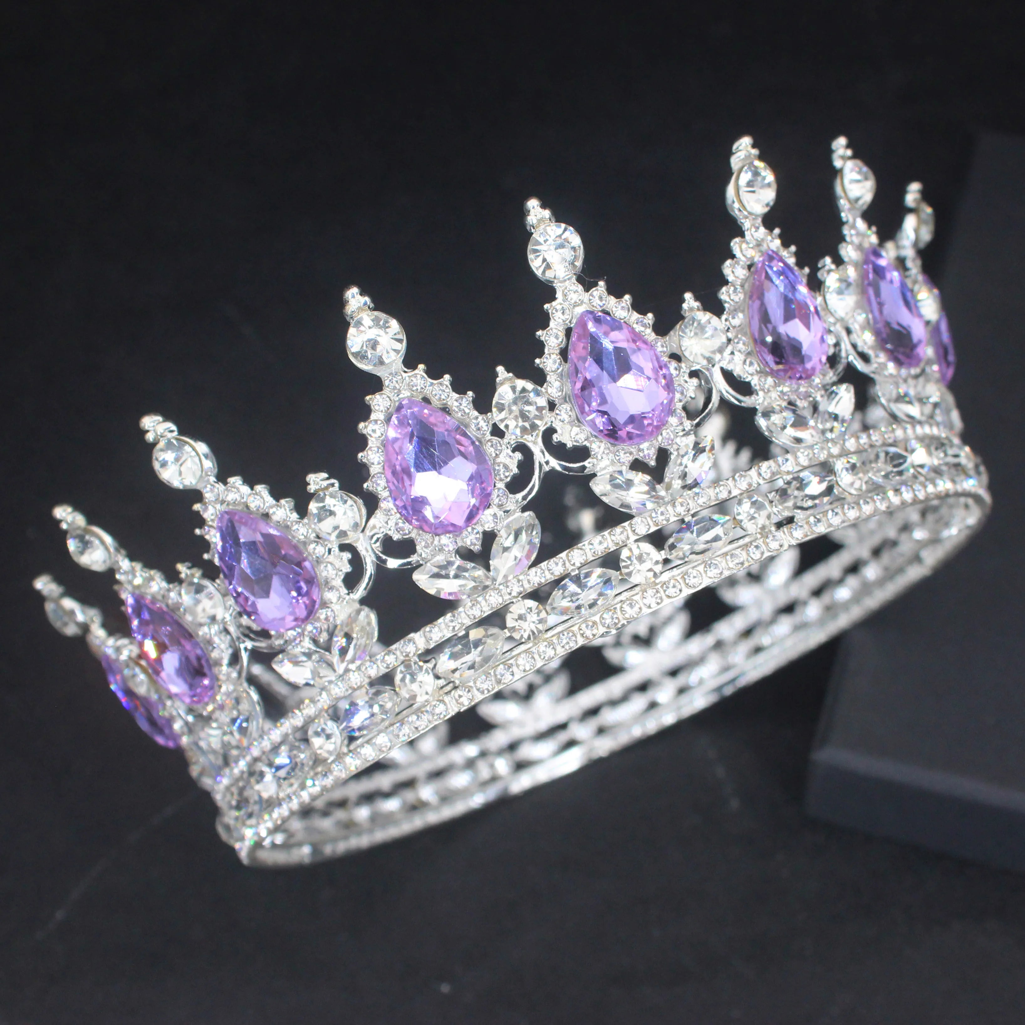Crystal Queen King Tiaras and Crowns Bridal Diadem For Bride Women Headpiece Hair Ornaments Wedding Head Jewelry Accessories Silver Purple