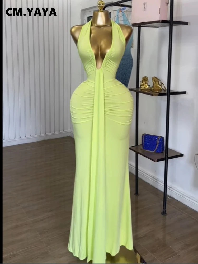 CM.YAYA Women Halter V-neck Stacked Ruched Backless Bodycon Midi Maxi Long Dress 2025 Vacation Birthday Sexy Party Club Dresses