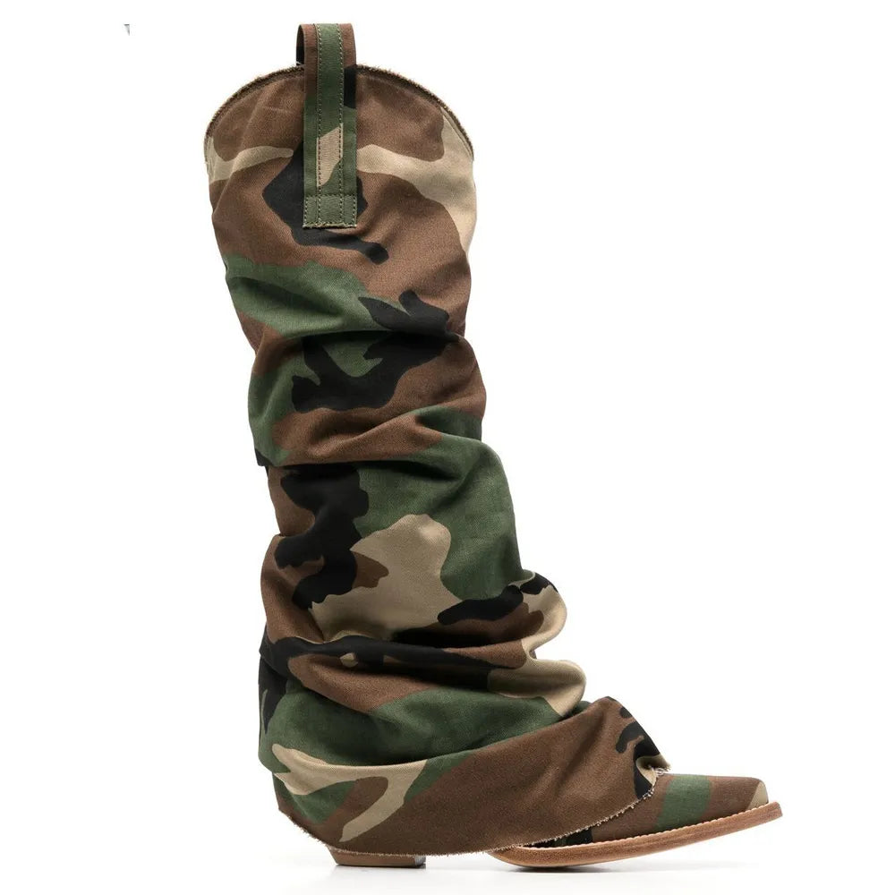YJXKJY 2023 European and American New Women's Camouflage Denim Wedge-Soled Shoes Sleeve Knee Boots Camo Female Big Size Shoes Brown