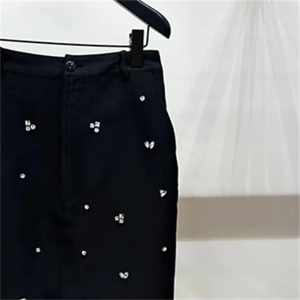 Women Classic Black Split Knitted Skirt Diamond Embellishment Slim Fit Mid Length Skirts Early Autumn Skirt