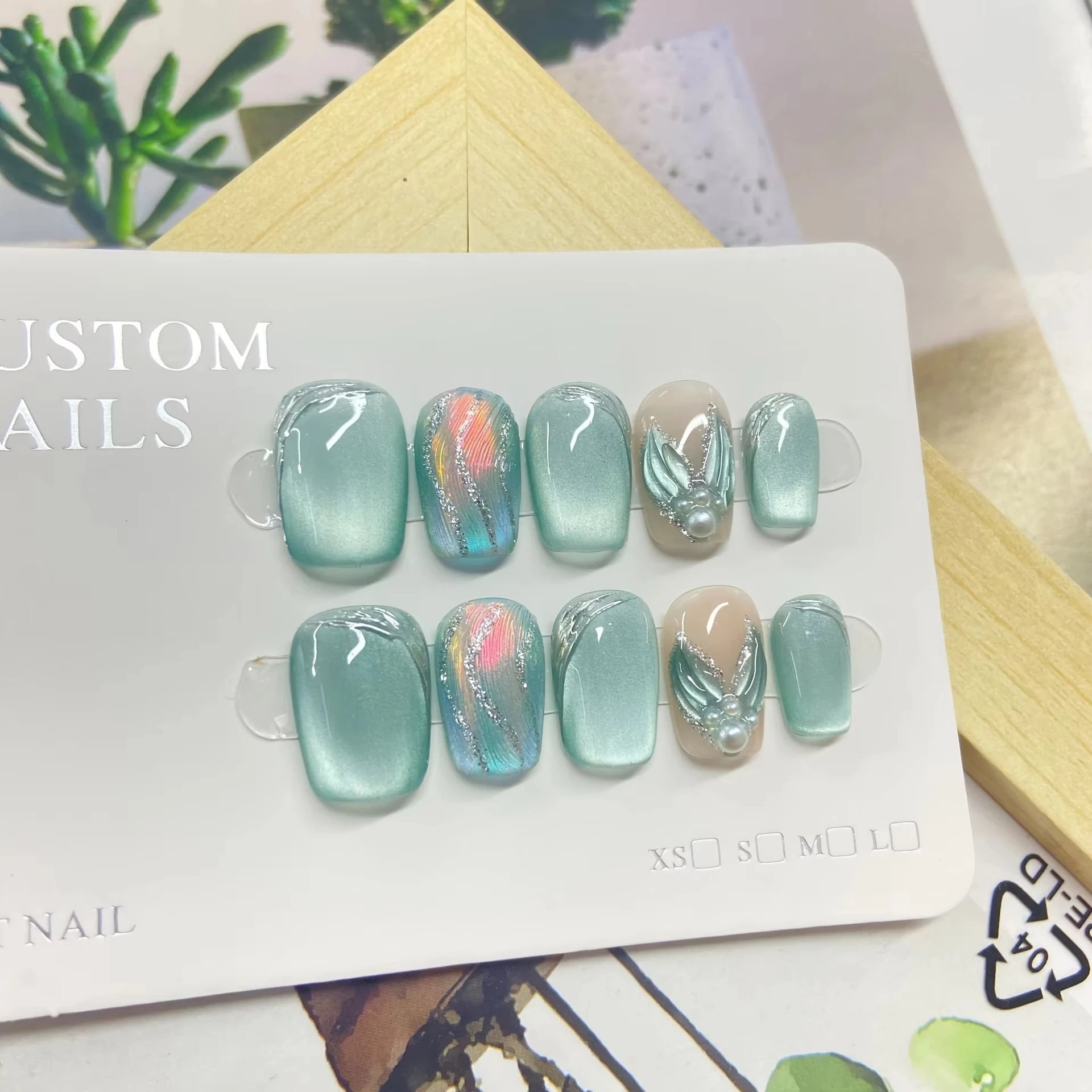 10pcs Handmade Press on Nail Ice Blue Ocean Star Ice-transparent Texture False Nail for Women&Girl Short Oval Wearable Nail