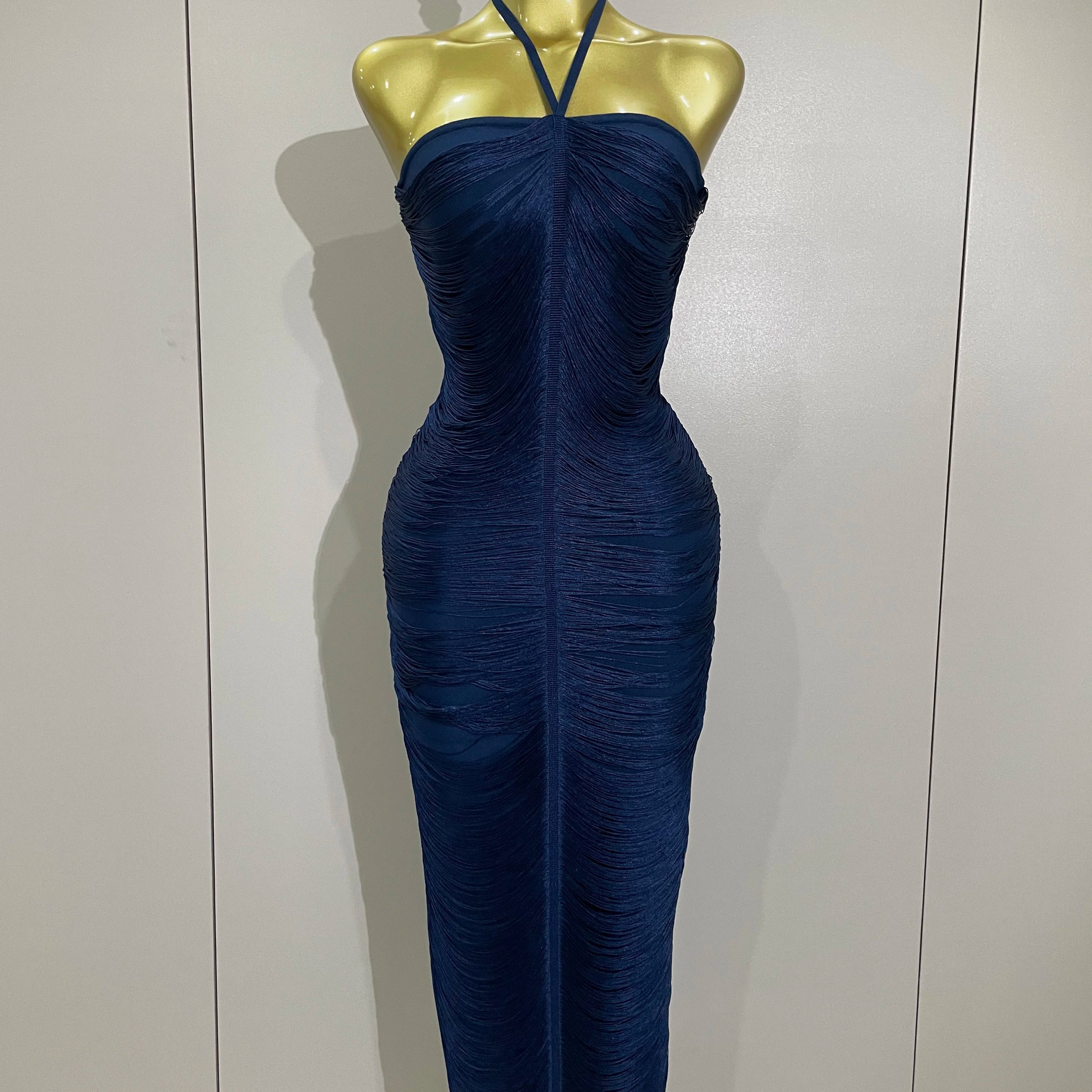 Sexy Backless Green Tassel Ankle Bodycon Bandage Dress 2025 Women Celebrity Elegant Evening Club Luxury Birthday Party Outfit