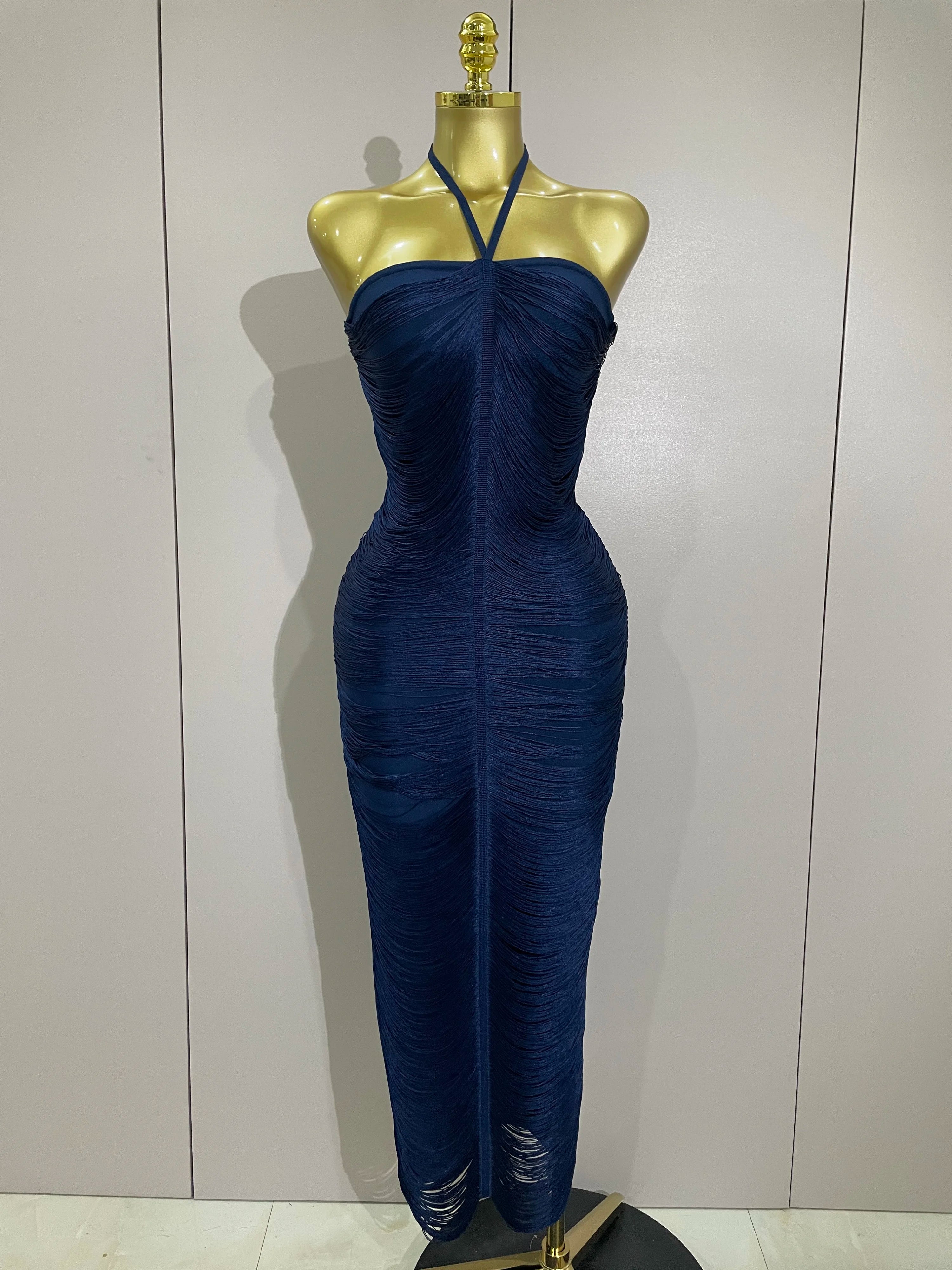 Sexy Backless Green Tassel Ankle Bodycon Bandage Dress 2025 Women Celebrity Elegant Evening Club Luxury Birthday Party Outfit