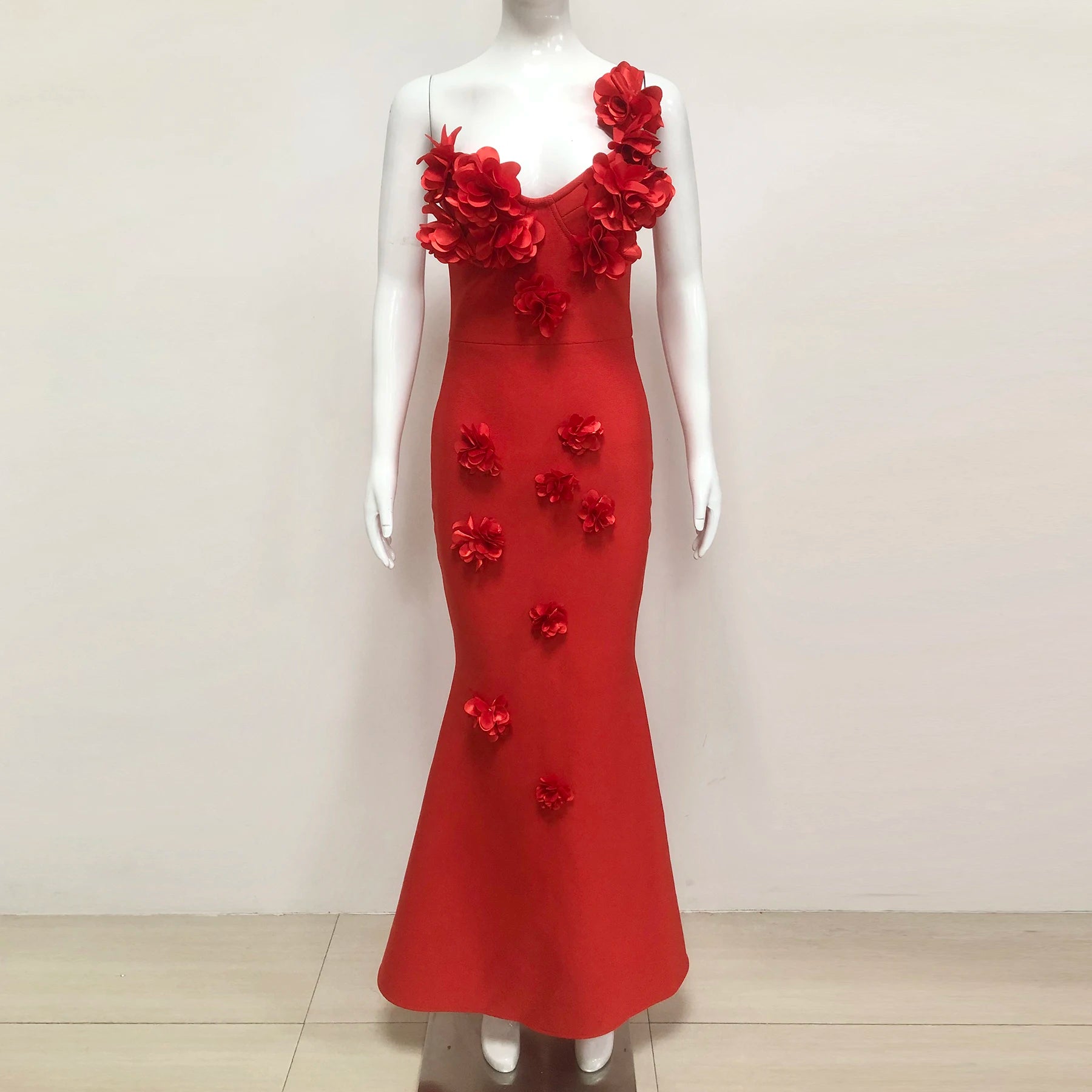 Red Color Women Sexy One Shoulder Florals Bodycon Long Bandage Dress Celebrate Evening Party Wedding Mermaid Outfit