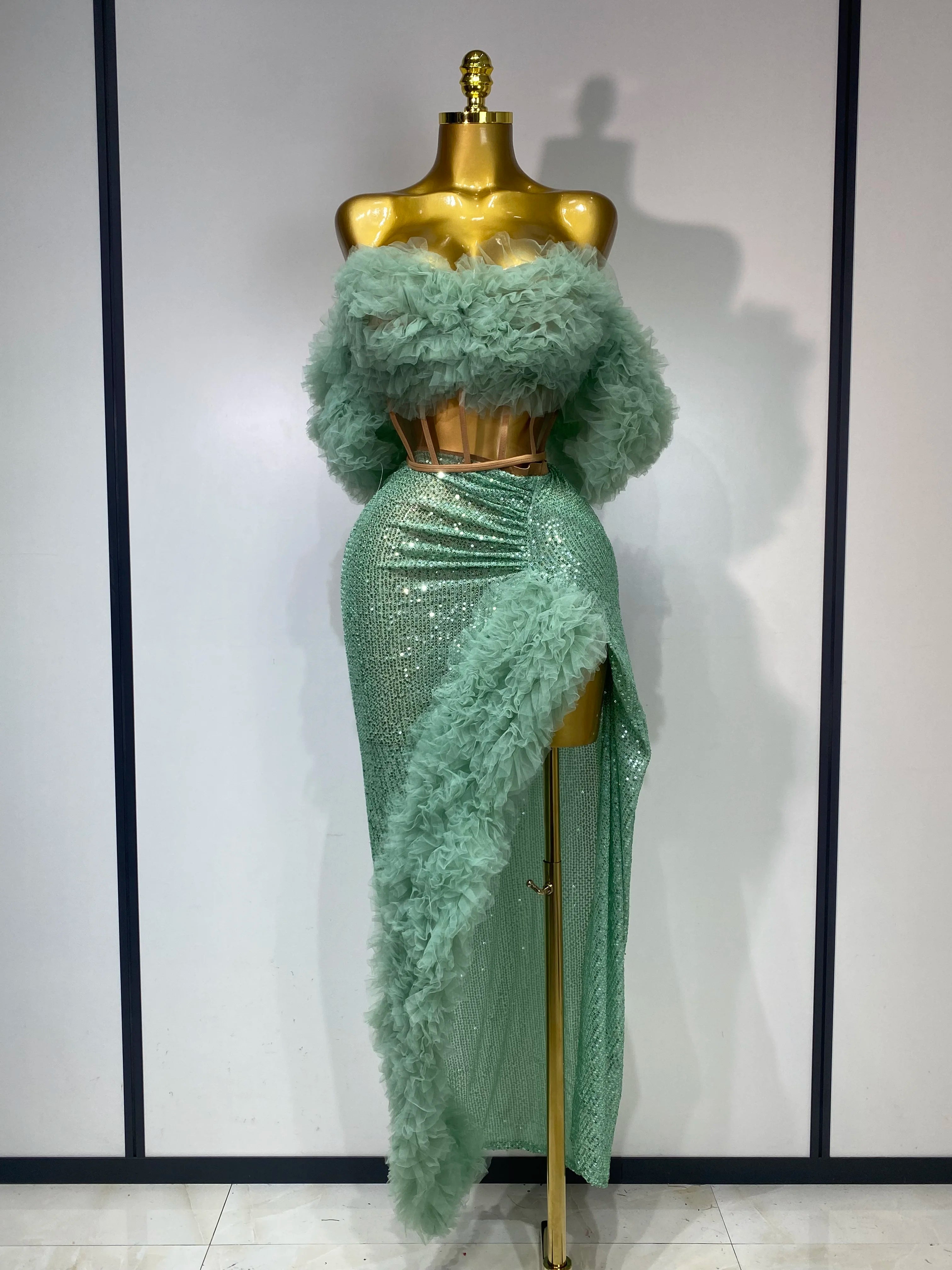 Women Elegant Sparkly Sequins Top Long Skirt Two Pieces Set Evening Party Luxury Birthday Nightclub Singer Dancer Stage Outfit