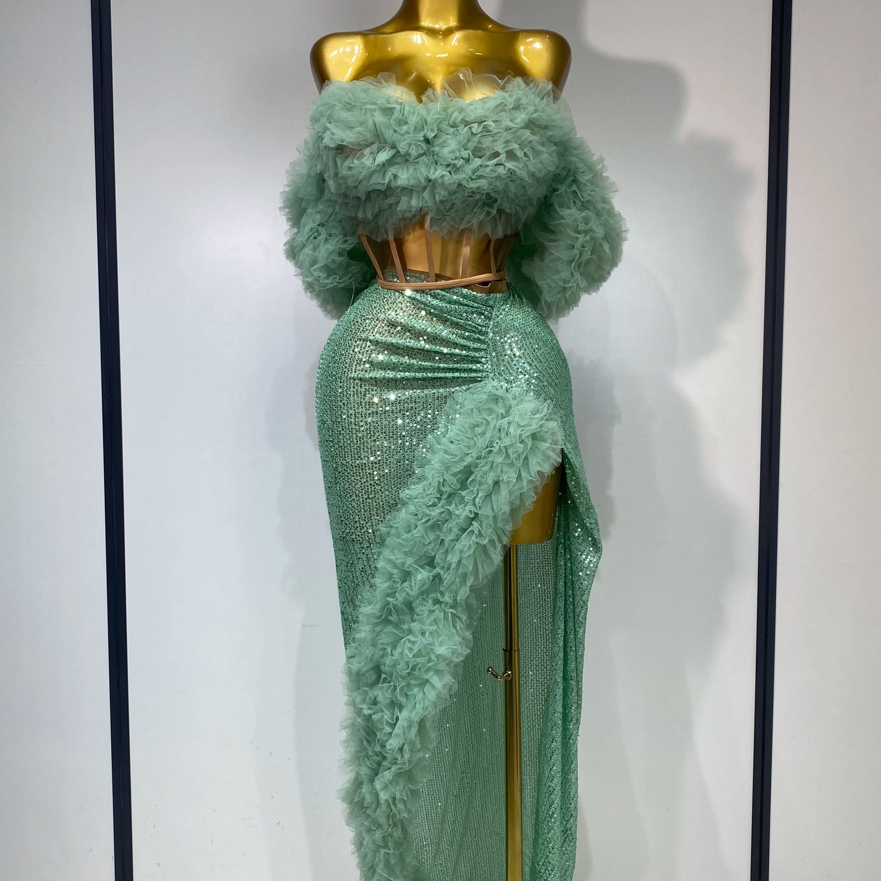 Women Sexy Sparkly Sequins Top Long Skirt Two Pieces Set Festival Celebrate Evening Party Luxury Birthday Nightclub Stage Outfit