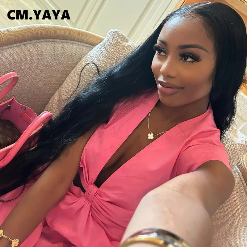 CM.YAYA Women Short Sleeve Tie Up Open Waist Deep V-neck Maxi Long Dress 2025 Summer Sexy Club Party Even Beach Vestidos Dresses