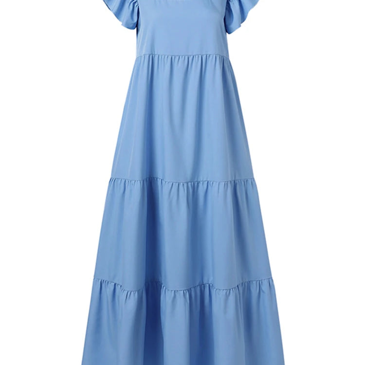 Fashion Summer Ruffles Holiday Dress Women Square Neck Short Sleeve Casual Sundress Solid Beach Vestido Robe Femme