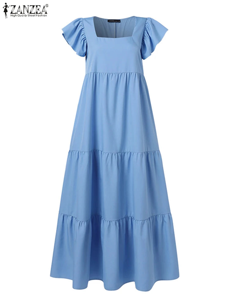 Fashion Summer Ruffles Holiday Dress Women Square Neck Short Sleeve Casual Sundress Solid Beach Vestido Robe Femme
