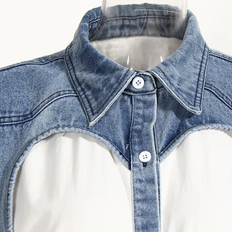 DEAT Fashion Women's Denim Shirt Lapel Loose Hollow Out Single Breasted Denim Splice Fake Two Pcs Blouse Summer New 17A8112