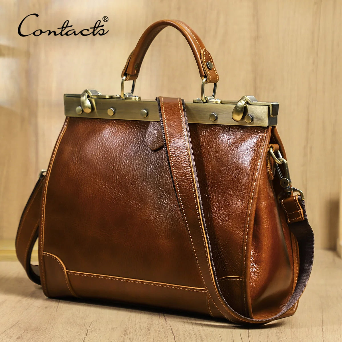CONTACT'S Genuine Leather Top Handle Bags for Women Sling Shoulder Bags Tote Bag Handbags Metal Frame Female Bags Office Ladies