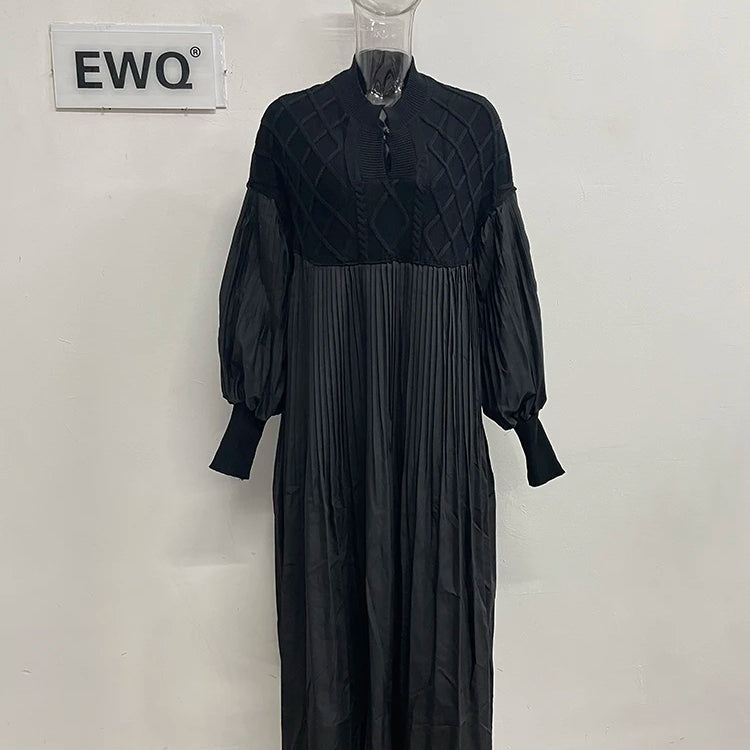 Vintage Black Hollow Out Knitted Patchwork Long Sleeve Pullover Dress Casual Loose Mid Long Vestidos Autumn Winter Black One Size