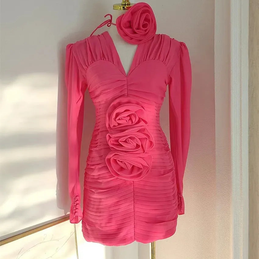 New French Spring 3D Rose Floral Chiffon Pleated Mini Dress Runway Women Sexy V Neck Puff Sleeve Folds Slim Bodycon Party Dress