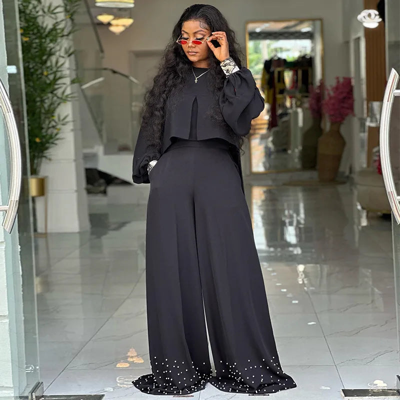 CM.YAYA Women's Set Long Sleeve High Low Maxi Blouse and Pearl Beading Wide Leg Pants 2025 Two 2 Piece Sets Outfits Tracksuit Black