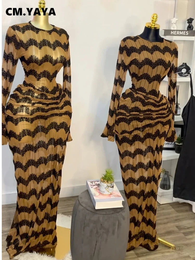 CM.YAYA Women Flare Full Sleeve Wave Striped Ruched Stacked Bodycon Midi Long Maxi Dress 2025 Evening Sexy Party Dresses Vestido