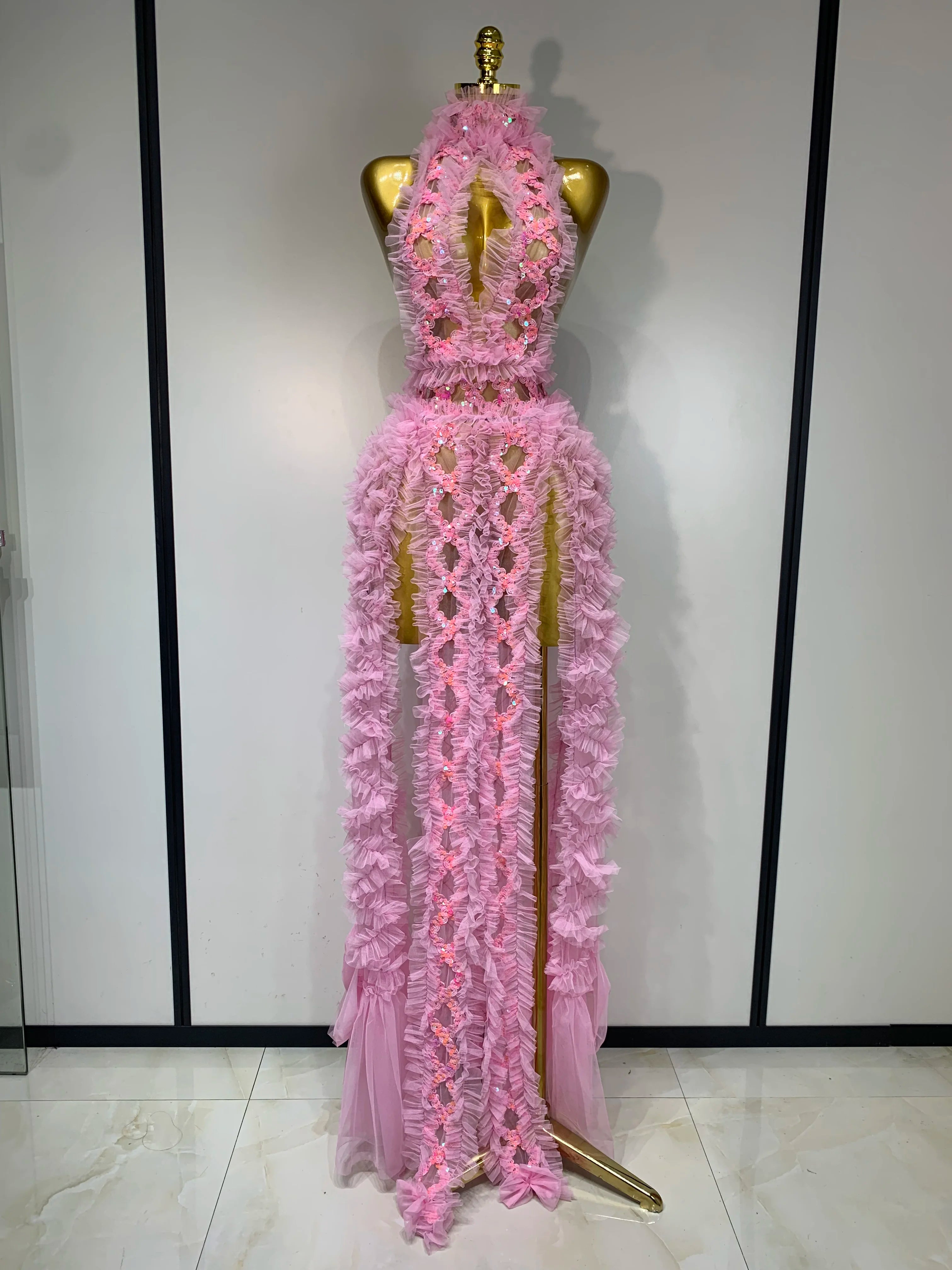 Mesh Sequins Sexy Backless Halter See Through Dress 2025 Birthday Evening Party Prom Nightclub Singer Stage Performance Costume