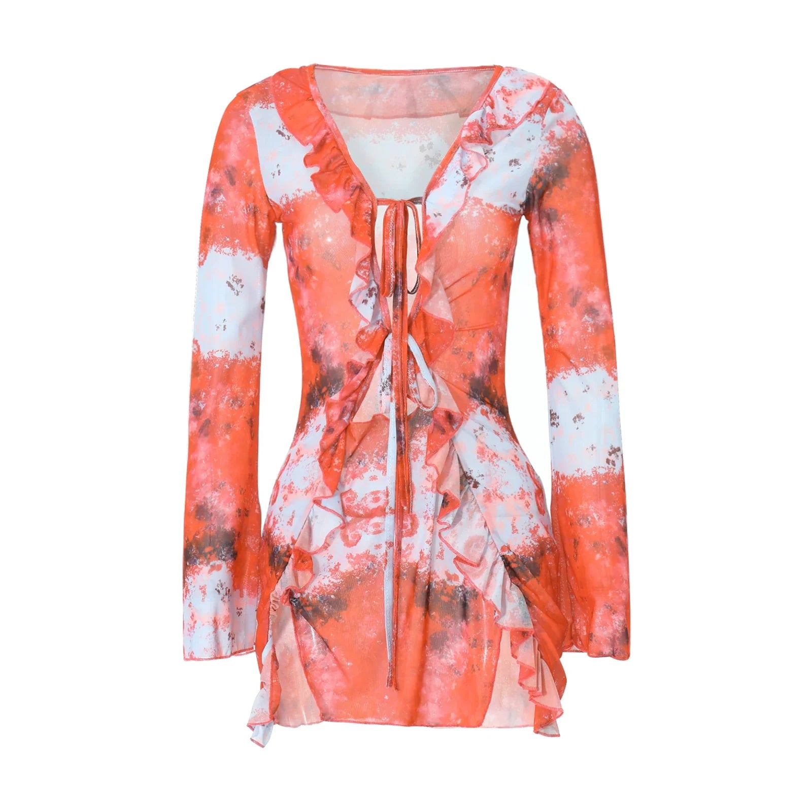 Women Mini Dress Long Sleeve Lacing Tie-dye Print Patchwork Slit Bodycon Dress for Club Party B