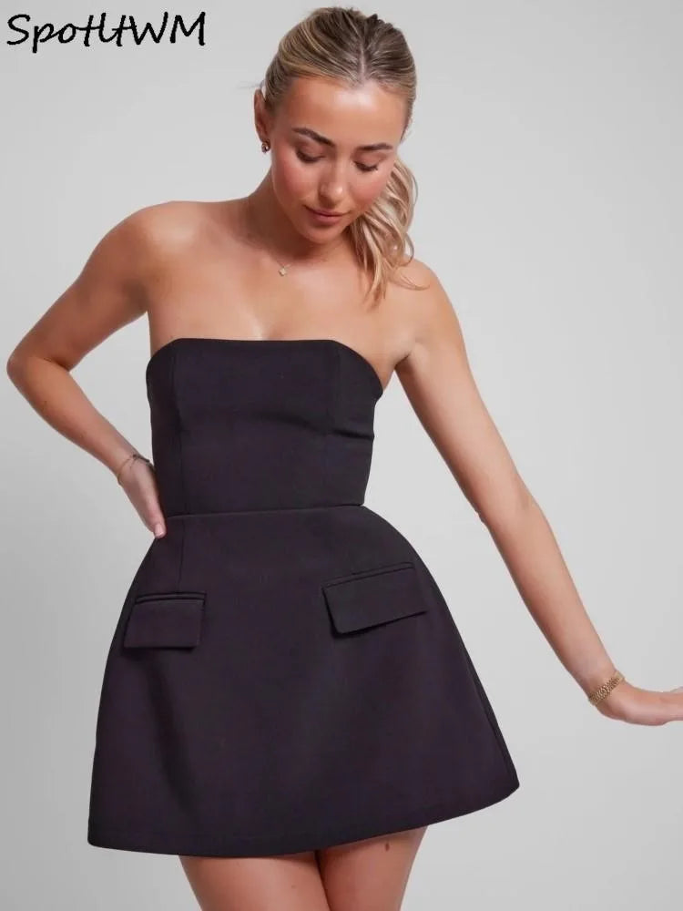 Sexy Solid Strapless Mini Dress For Women Elegant Slim Backless Pockets A-line Dresses Female Chic High Street Vestido Robe