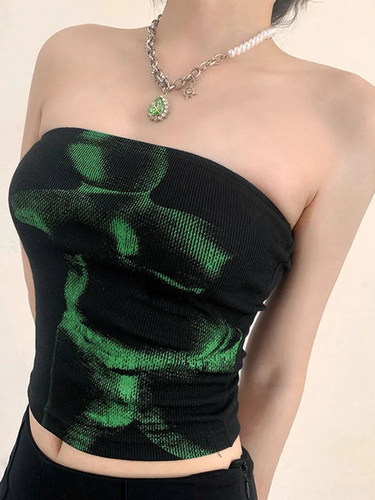 Techwear Punk Black Crop Tops Gothic Cyber Y2k Grunge Bodycon Women Strapless Backless Summer Sexy Basic Crop Tube Top