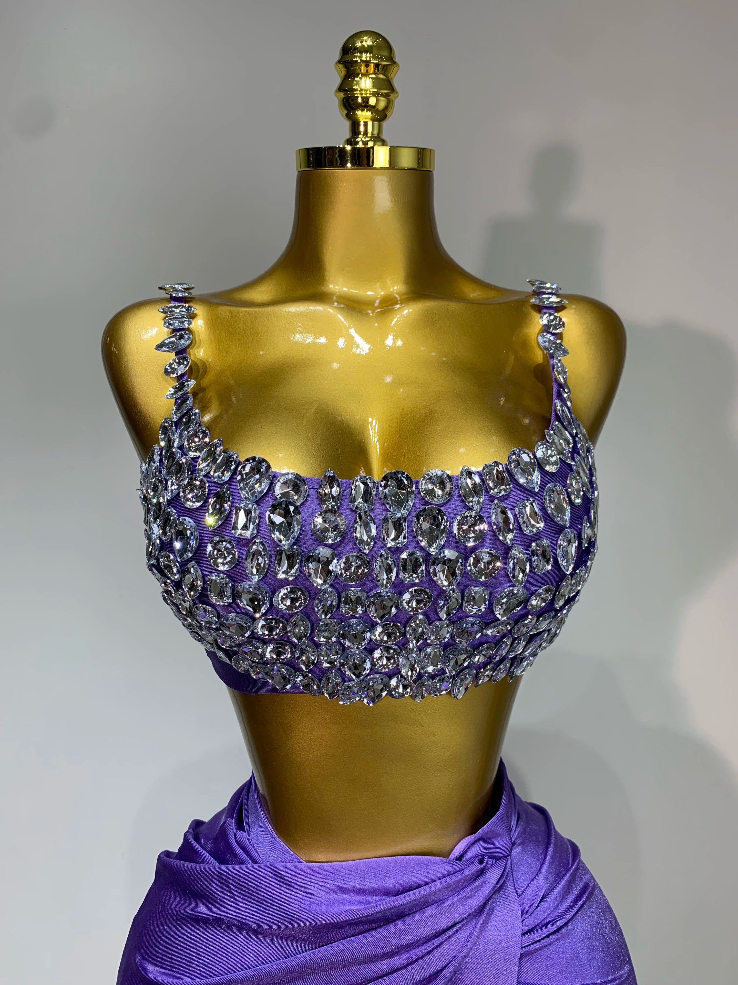 Women Sexy Two Pieces Set Stretched Crystal Diamonds Nightclub Singer Dancer Stage Performance Costume Evening Party Skirt Suits