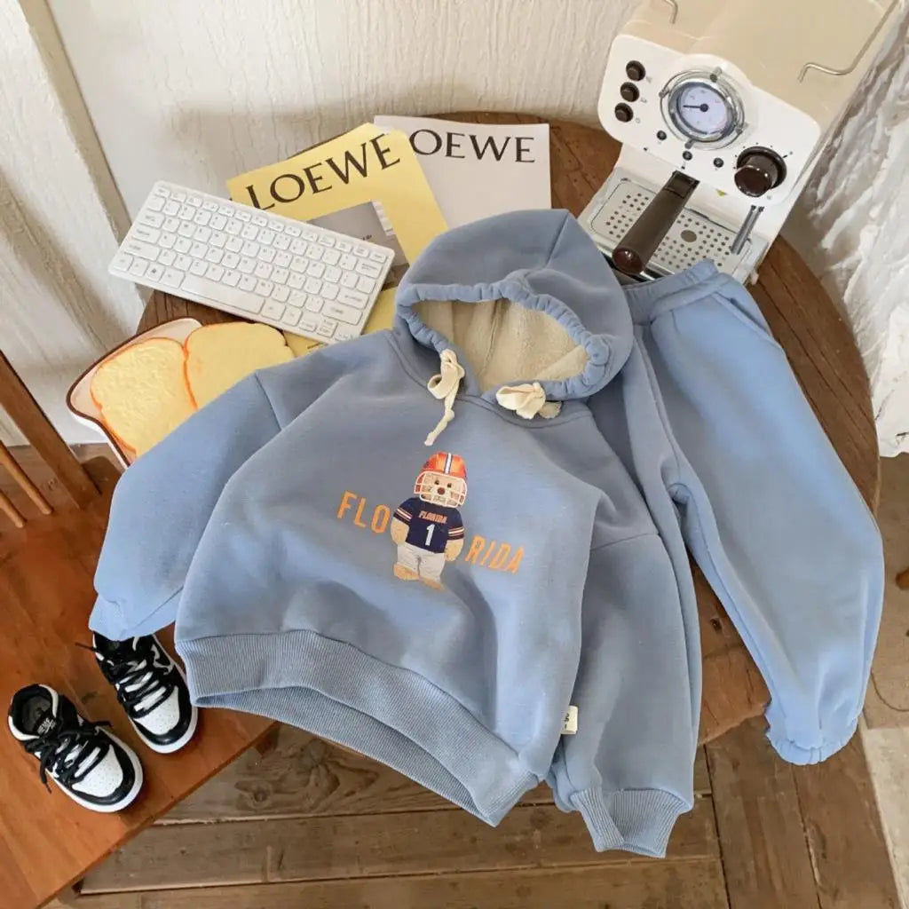 Baby Girl Boy Fleece Inside Clothes Set Cartoon Print Hoodie+Pant 2pcs Infant Toddler Child Clothing Set Winter Clothes 1-7Y blue