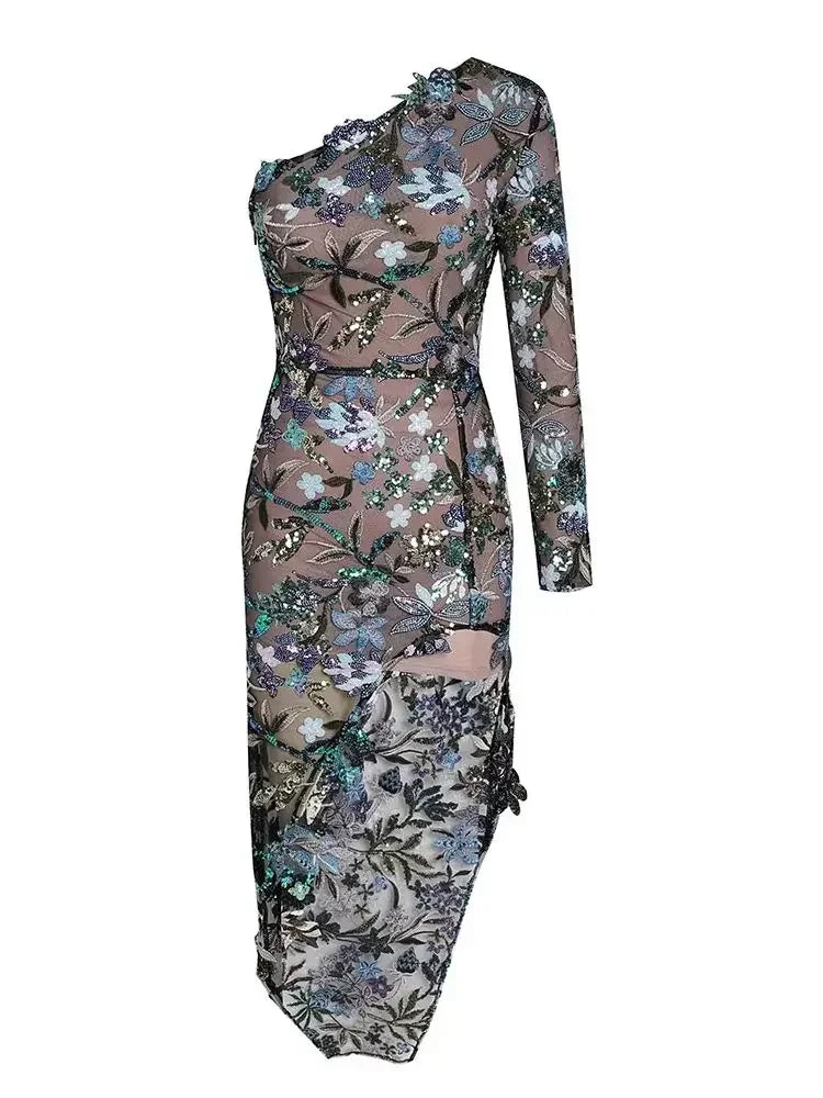 Sexy Women One Shoulder Long Sleeves Luxury Sequin Floral Embroidered Asymmetric Flower Slim Long Dress Bodycon Party Dress