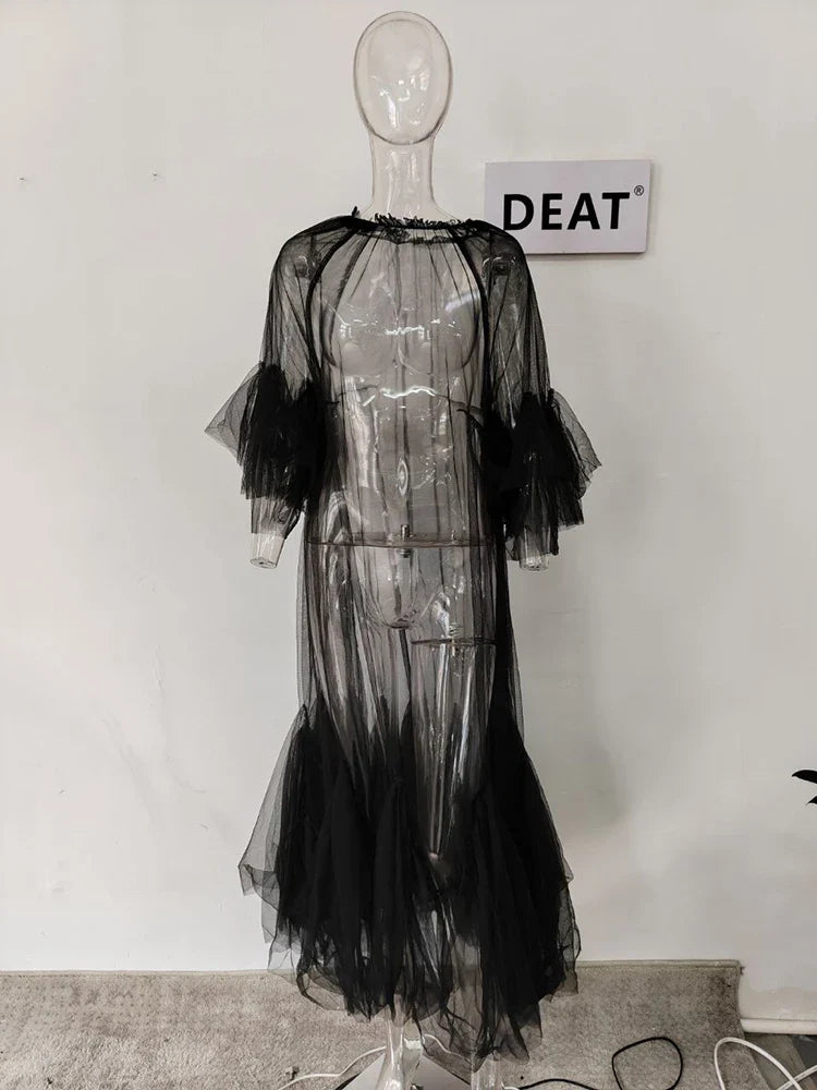 DEAT Summer Women's Dress New Fashion Round Neck Loose Gauze Spliced Ruffles Sleeve Ankle-length Dresses Female JR77101 black One Size