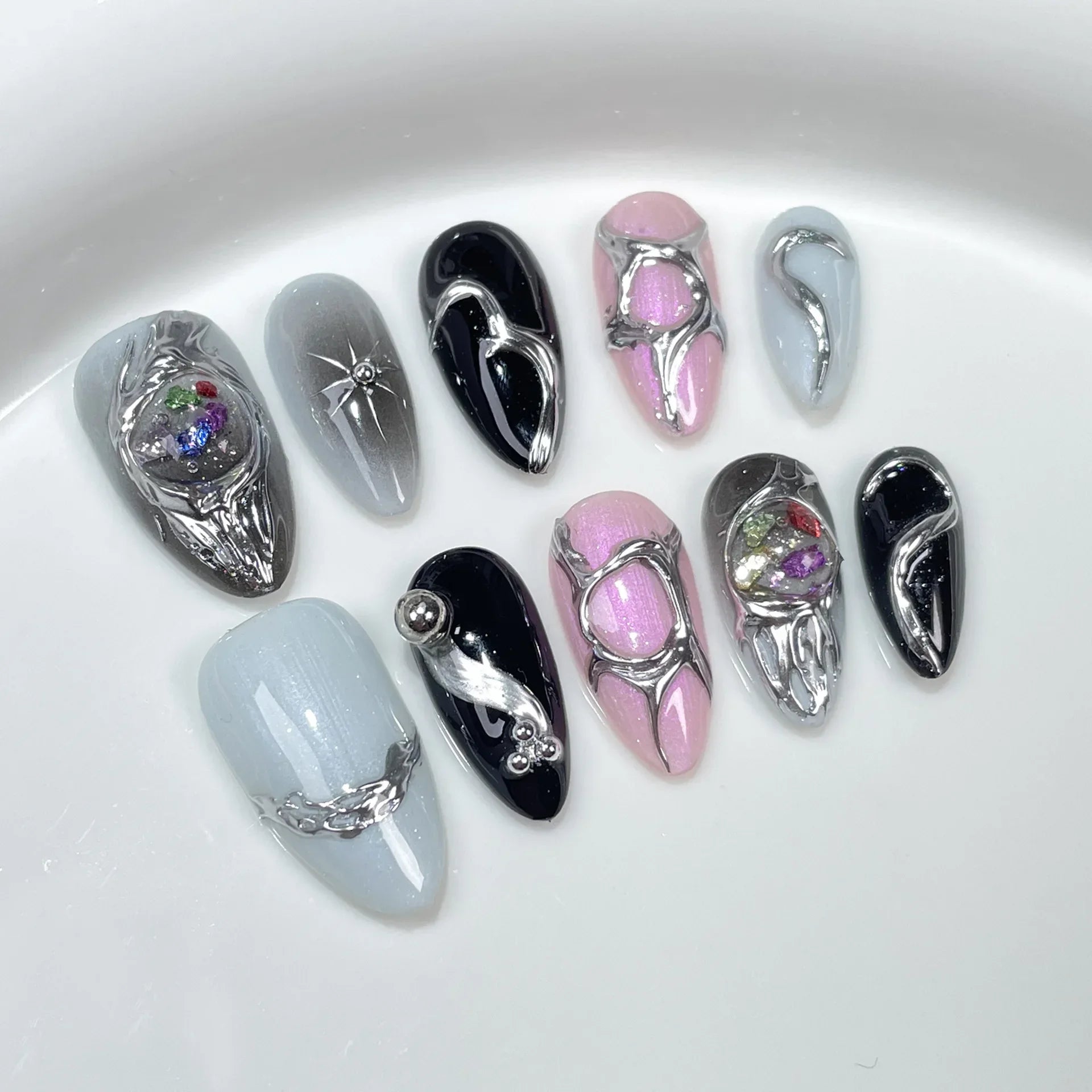 10Pcs Blue Handmade Almond Press on Nails French Design Rhinestone Full Cover Fake Nail Glitter Manicure Wearable Nail Tips Art