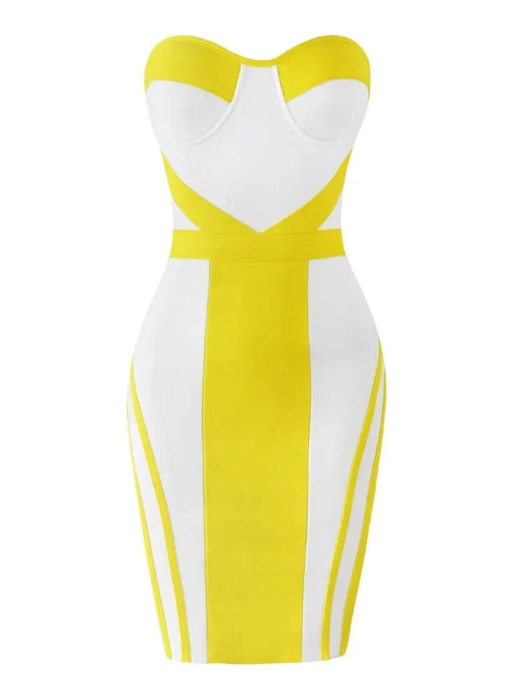 2024 Sexy Women'S Yellow Striped Patchwork White Bandage Dress Strapless Sleeveless Backless Bodycon Mini Dresses Party Vestidos