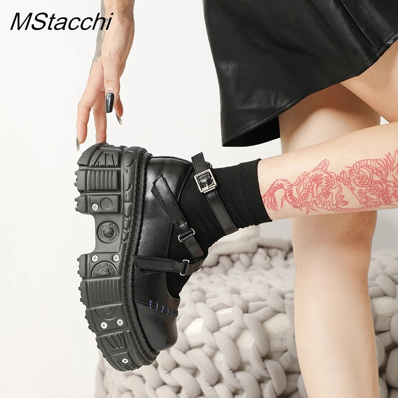 Punk Style Flat Platform Shoes Rivet Buckle Strap Mary Janes Cross Belt Black Leather Thick Bottom Shoes Women Sandals Summer