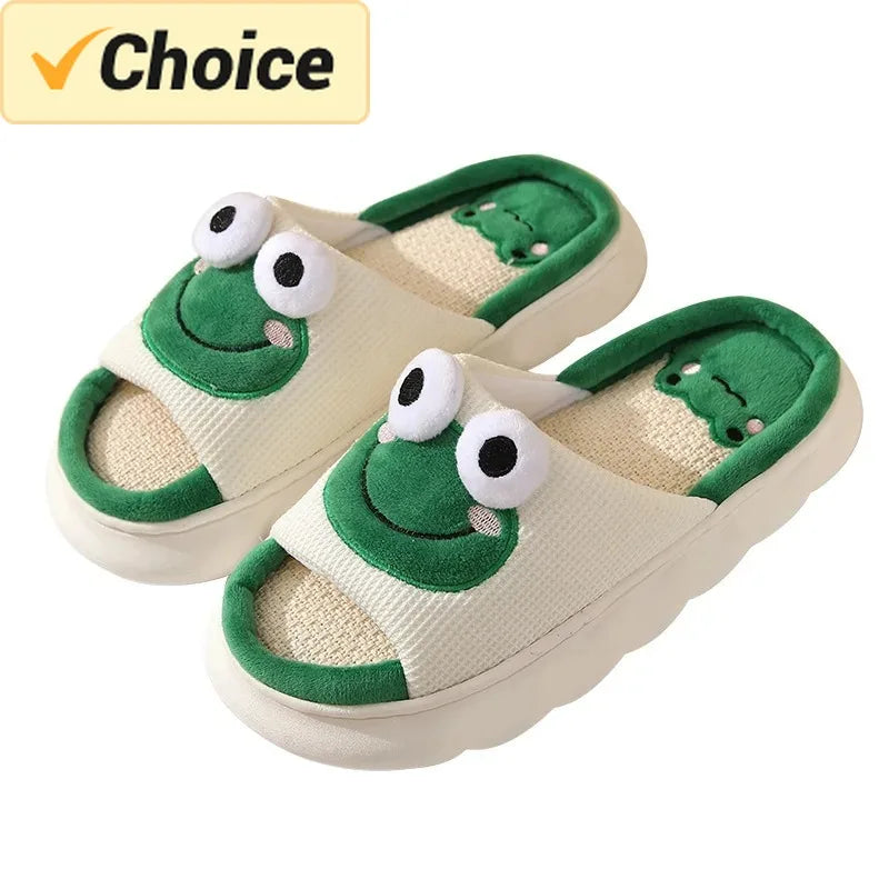 Men Women Home Linen Slippers Four Seasons Adults Home Sandals Couples Cute Frog Shoes Soft Cartoon Flip Flops Indoor Slides