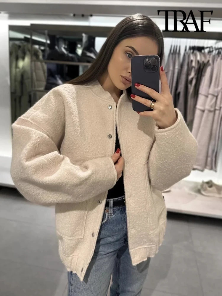 Women Fashion With Pockets Oversized Bomber Jacket Coat Vintage Long Sleeve Snap Button Female Outerwear Chic Tops