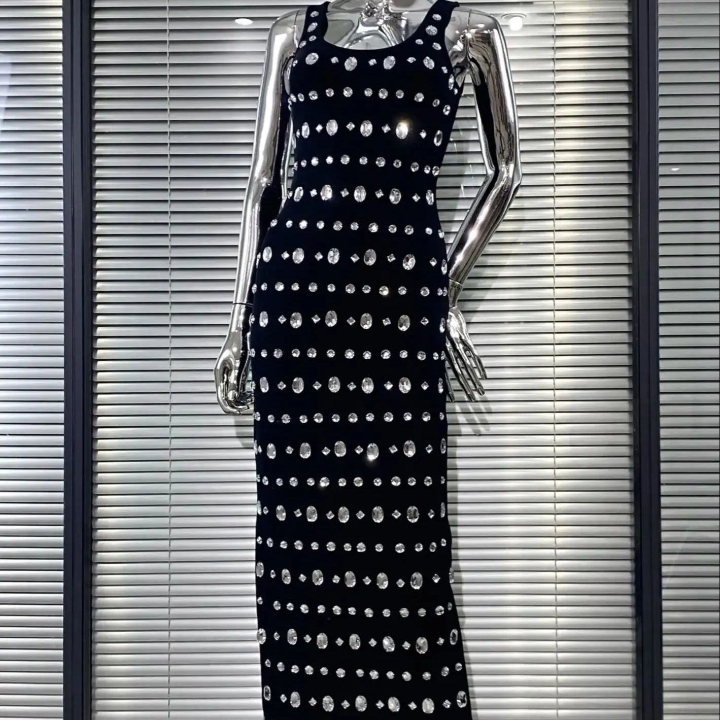 Sparkling Diamonds Sleeveless Package Black Bandage Ankle Length Dress Woman evening Party Dress Celebrity Birthday Party Outfit