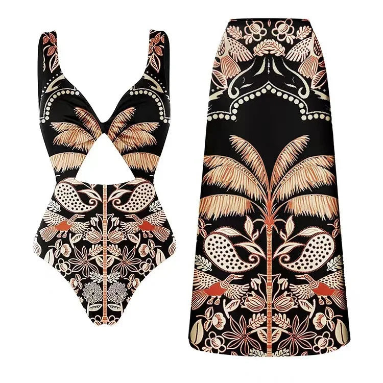 Europe and the United States new swimsuit retro printed mesh pants bikini conservative women's swimsuit Chocolate