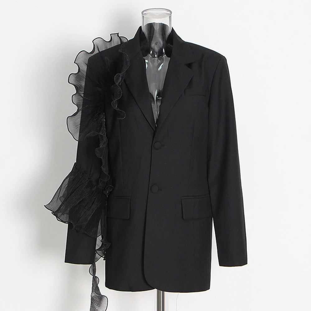 Patchwork Mesh Solid Casual Blazers For Women Notched Collar Long Sleeve Spliced Single Breasted Temperament Blazer Female BLACK