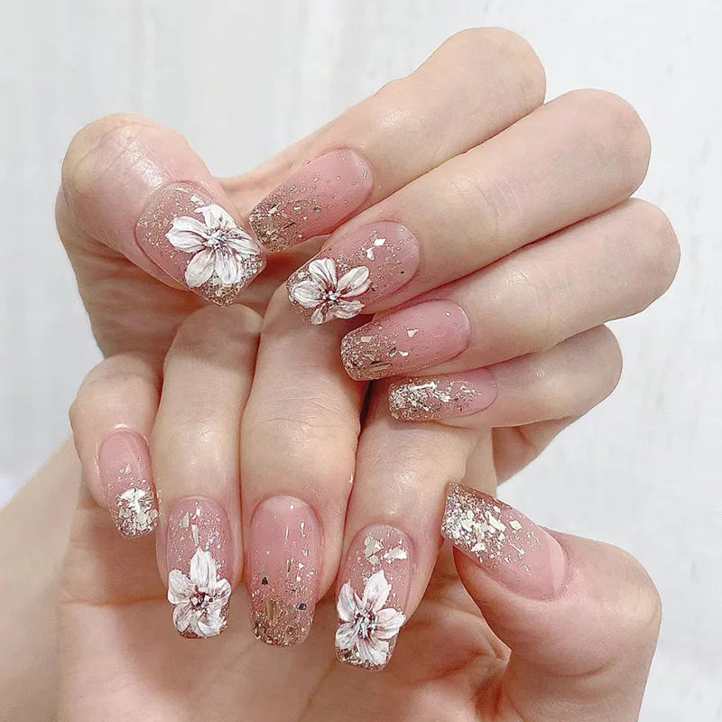 24pcs/set short square fake nails flowers leaf design for summer halloween faux ongles nail tips press on acrylic false nail art