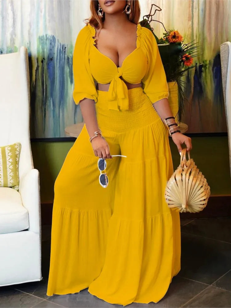 Plus Size Summer 2 Two Piece Set Women Bodycon Sexy Fashion Ladies Cropped Blouses Wide Leg Loose Pleated Woman Long Pant