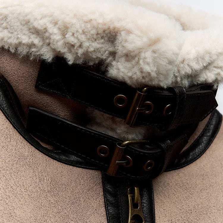 Women's Faux Fur Short Jacket Coat Fall Winter Metal Buckles Lapel Long Sleeves Faux Shearling Lining Jacket Warm Outerwear