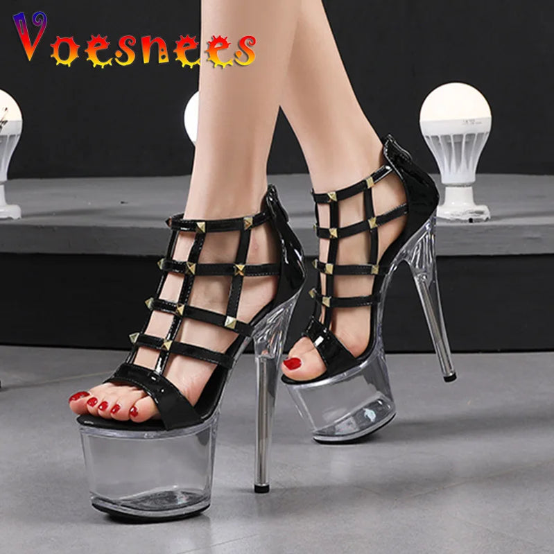 Super High Heel 16.5CM Summer Metal Rivet Sandals 2022 Chic Sexy Hollow Out Net Transparent Platform Nightclub Ladies Shoes