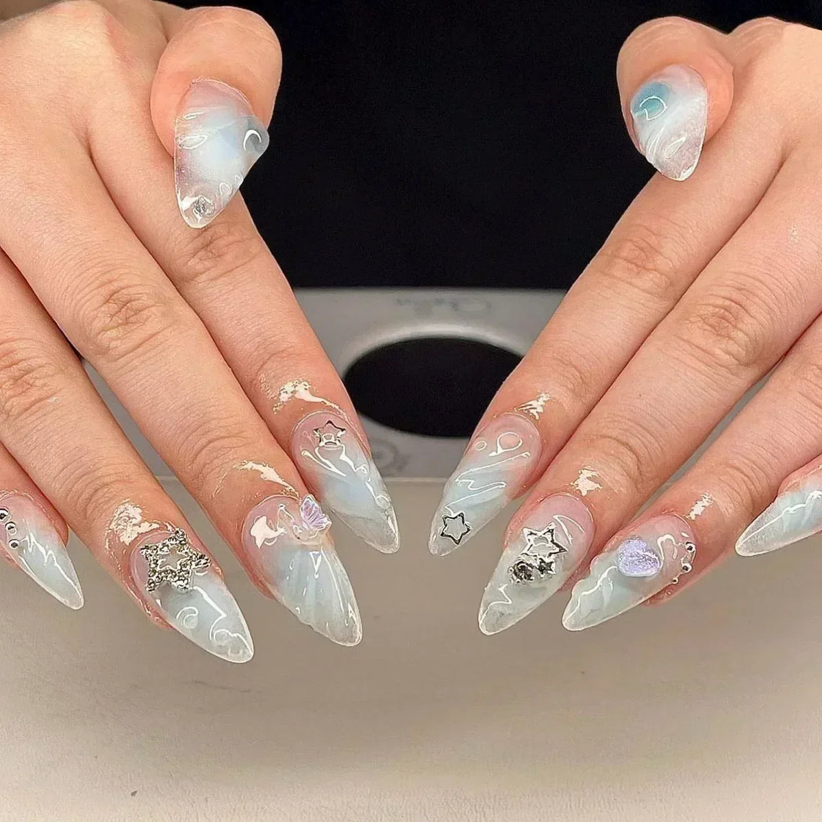 24pcs Short Almond Press on Nails 3D Flower Butterfly Fake Nails with Glue Colorful Natural Acrylic False Nails Full Cover Nails