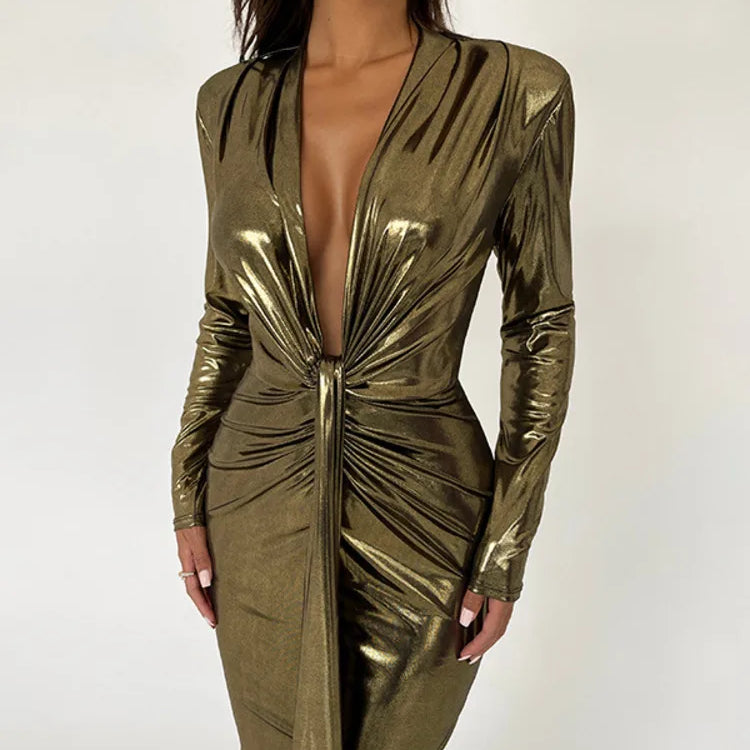Mozision Deep V Neck Long Sleeve Bodycon Maxi Dress For Women Autumn Winter New Ruched Shiny Sexy PU Leather Dress Vestidos Gold