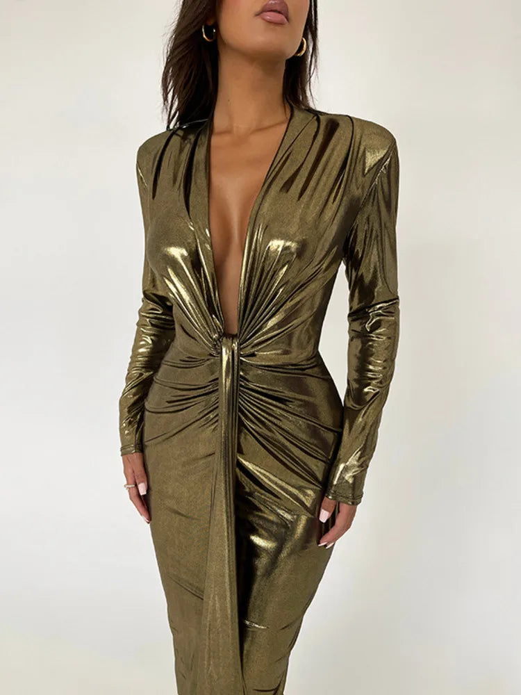 Mozision Deep V Neck Long Sleeve Bodycon Maxi Dress For Women Autumn Winter New Ruched Shiny Sexy PU Leather Dress Vestidos Gold