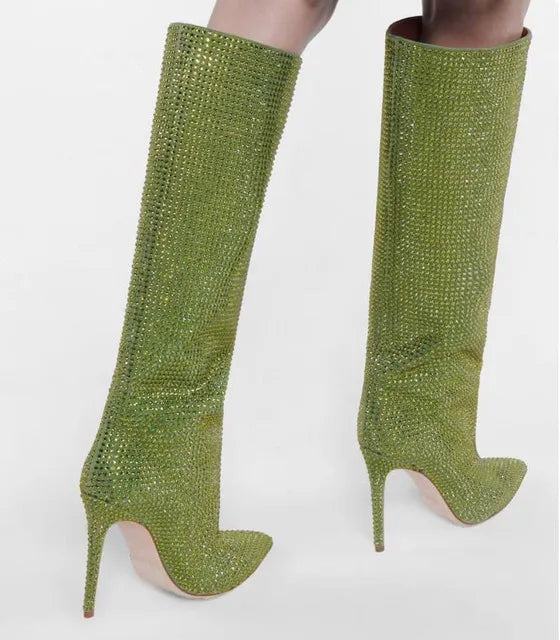 Rhinestone Women's High Boots Pointed Toe Slip-on Long Boots Women Boots High Heels Sexy Stiletto Ladies Party Shoes