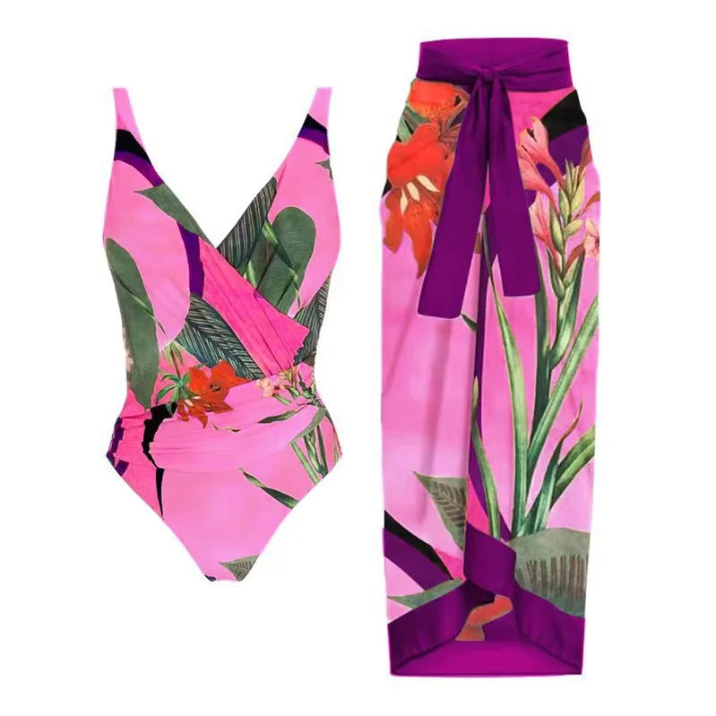 Elegant Blue Leaf Printed One Piece Swimsuit Woman Fashion High Waisted Hanging Neck Swimwear French Covered Belly Bikini D-Suit