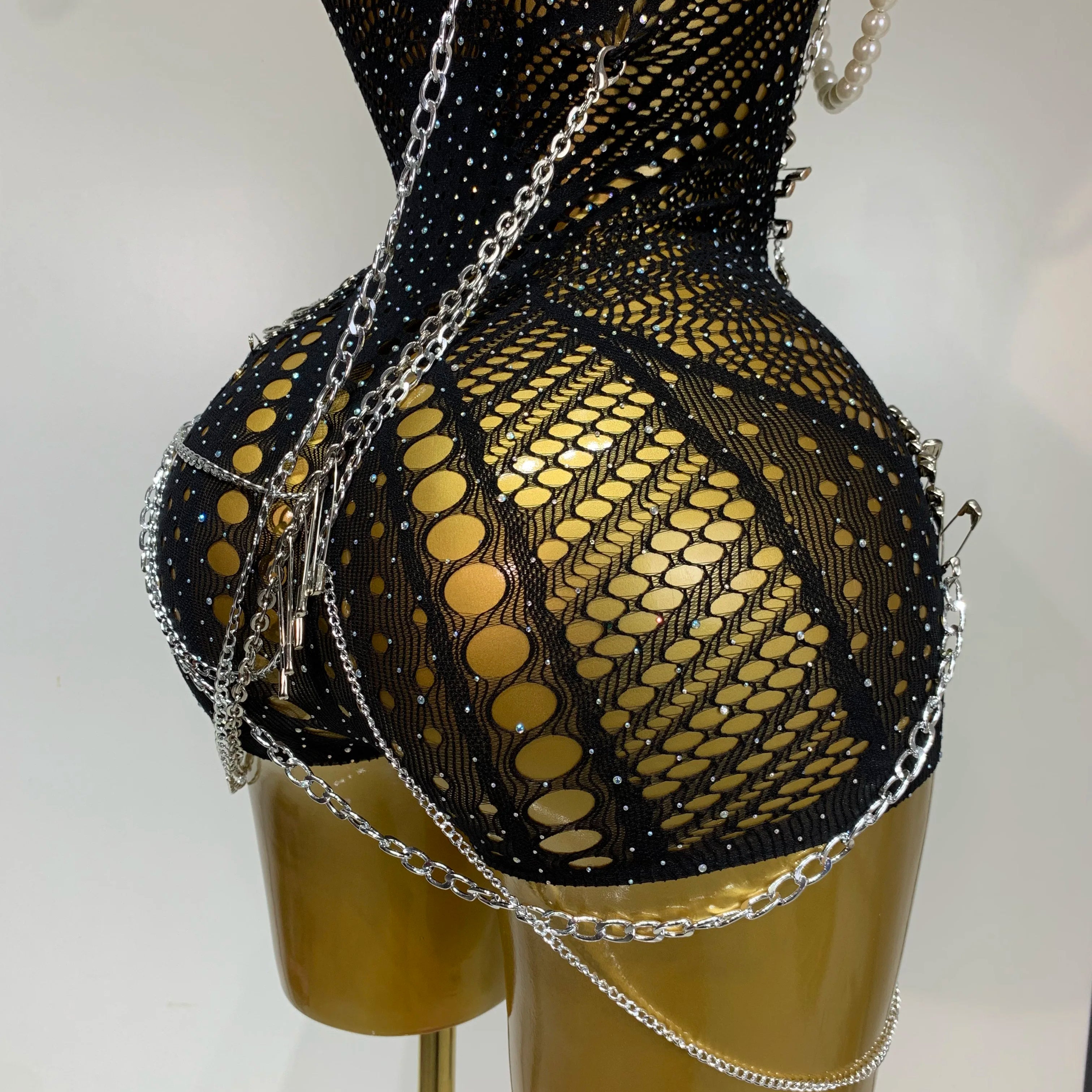 Women Pin Sparkly Crystal Cut Out Sexy Stretch Bodysuit Women Nightclub DJ Clothing Stage Singer Dancer Performance Costume